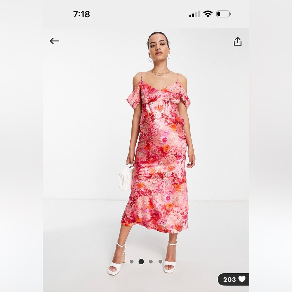 Hope and Ivy maternity cold shoulder red and pink satin floral midi dress.